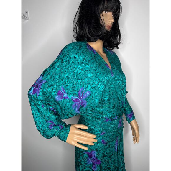 Vintage Maggy London by Jeannene Booher 80s Teal Silk Floral Midi Dress medium - Picture 9 of 17